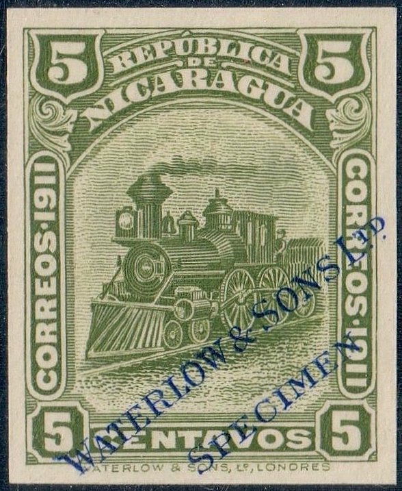 Nicaragua Waterlow 1912 Locomotive stamp 5c design Imperforate Printers' Sample Color Trials Specimen Stamps from Salesmen's books